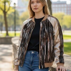 BNCI Boundless North Clothing Intl Brown Bomber Jacket Boho Unique SZ S Satin